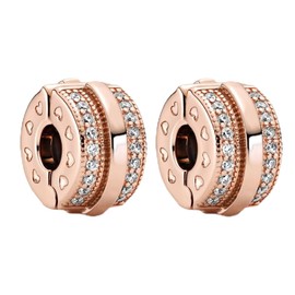 Amuefer Sparkling Pavé Lines Rose Gold Clips Charms for Bracelets 925 Sterling Silver with Cubic Zirconia Spacer Bead Birthday Christmas Jewelry Gifts for Women(2 Pcs)