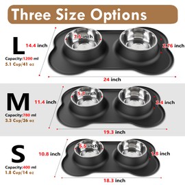 Takfox Dog Bowls, Stainless Steel Puppy Food and Water Bowl Set with No Spill Non-Skid Silicone Mat Pet Feeding Dishes for Small Medium Large Breed Size Dogs Cats, Black