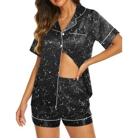 Ekouaer Womens Satin Silk Pajamas Set Short Sleeve Button Down Top and Shorts Sleepwear 2 Piece Pjs Set,Floral Black Stars,X-Large