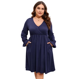 ShopWonder - Vestido de talla grande para mujer, cuello en V, línea A, longitud a la rodilla, vestido cruzado con vuelo, talla grande, vestido corto para fiesta, marino, XL