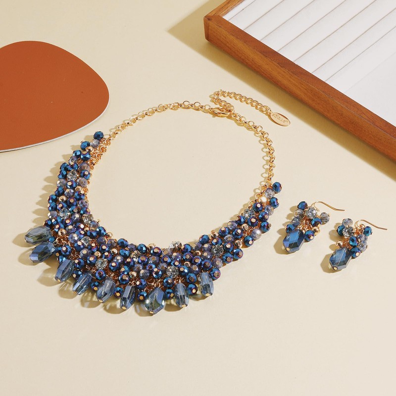 Bocar Crystal Necklace Set for Women Multi Layered Chunky Collar