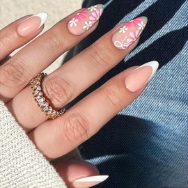 KQueenest White French Tip Press on Nails Almond Shape French Tip False Nails with Flower Designs Floral Fake Nails Medium Stiletto Spring Summer Natural Nude Stick on Nail for Women, 24 Pcs