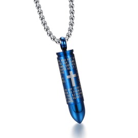 MONIYA Stainless Steel Bullet Pendant Urn Ashes Necklace Cross Lords Prayer in English, 22inch Box Chain (Blue Tone)