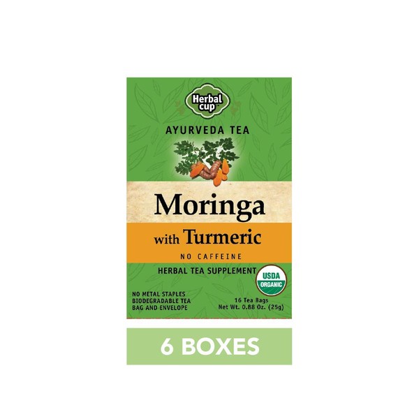Herbal Cup Ayurveda Moringa Tea, Organic Turmeric, No Caffeine Herbal Teas (Organic Moringa Turmeric, 16 Count (Pack of 6))