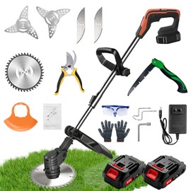 Weed Wacker, Electric Weed Wacker, String Trimmer with 2 x 24V Batteries and Charger, Cordless Weed Wacker with 3 Types of Blades, Brush Cutter with Retractable Length and 90° Rotating Head
