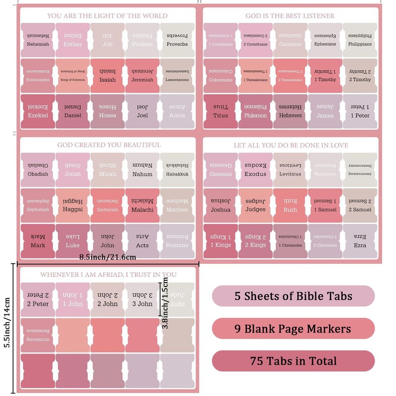 5 Sheets Bible Tabs, 75 Pcs Bible Tabs for Study