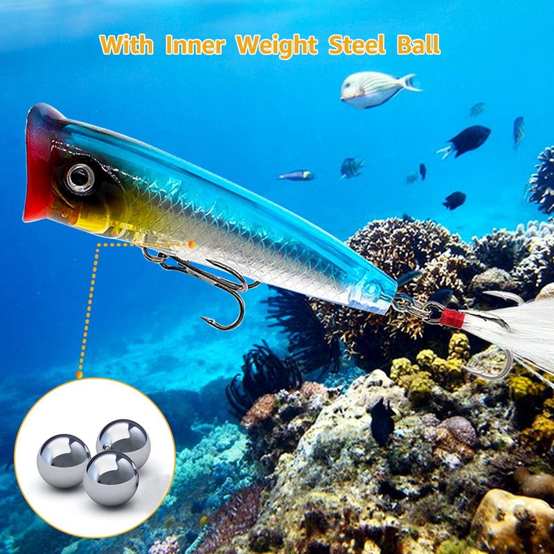 Topwater Popper Fishing Lures, 5 Pcs Bass Poppers Feathered Rooster