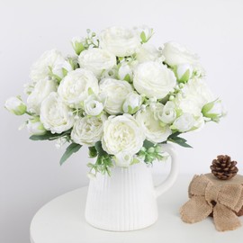 HNVNER HNVNER 2 Bunches Artificial Peony Silk Flowers, White Faux Peonies Flower Bouquet for Wedding Party Centerpiece Home Decor
