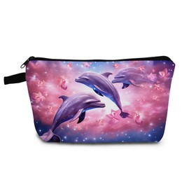 YULUENZE Dolphin Present Floral Dolphin Makeup Bag Cute Small Organizer Bag with Zipper Pink Clouds Dolphins Cosmetic Bag Birthday Presents for Dolphin Lovers Women Sisters Friends