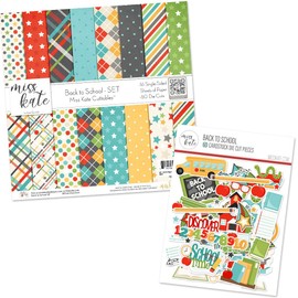 Die Cuts & Paper Set – Back to School – for Grade Preschool Kindergarten- 16 Single-Sided 12"x12" Sheets & Over 60 Coordinating Die Cuts - Scrapbook - by Miss Kate Cuttables