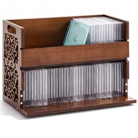 CroBlissful 2-Tier Wooden CD Storage Holder, Cutout Brown CD Display Shelf Rack with Carrying Handles, Decorative CDs Organizer for DVDs, Movie Cases and Cassette Tapes, Holds up to 72 CDs