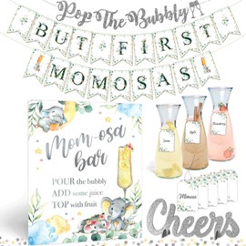 Elefante Momosa Bar Kit – Decoración de Baby Elephant Baby Shower para niño niña o fiesta de revelación de género neutro, decoración de elefante de cacahuete gris, rosa azul y plata Mimosa Bar Sign Banner Set (Elephants)