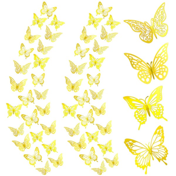 Pack of 48 Butterfly Decorative 3D Butterfly Stickers, Butterfly Wall Decoration, Butterfly Wall Stickers, Butterfly Wall Decoration, Butterflies, Balcony Decoration for Living Room (Gold)