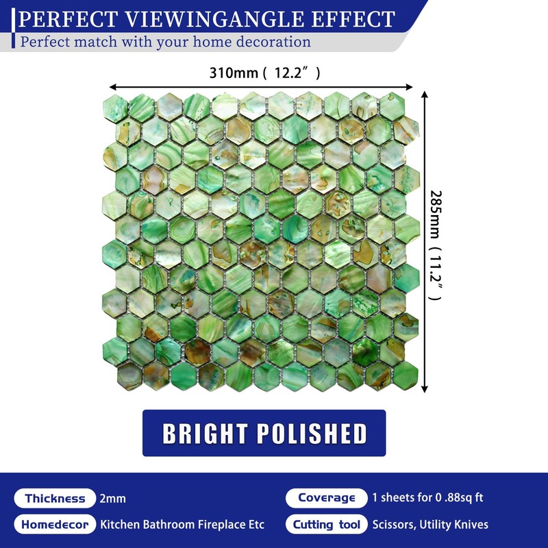 MOP Green Hexagon Mother of Pearl Backsplash Tile 1 Sheets