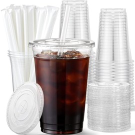 AOZITA 16 oz Plastic Cups with Lids and Straws, 50 Pack, Disposable Iced Coffee Cups with Lids, Clear Cups with Lids for Cold Drinks, Iced Tea, Milkshakes, Smoothies - Durable & BPA Free