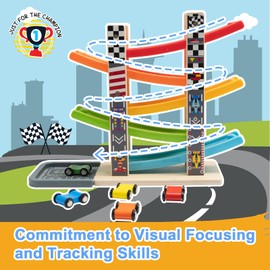 Wood City Toddler Toys for 3 4 5 Years Old, Wooden Car Ramp Racer Toy Vehicle Set with 5 Mini Cars & Race Tracks, Montessori Toys Craft Gift for Toddlers Boys and Girls