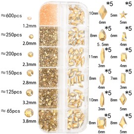 DZHILHMX Nail Rhinestones - 3D Multi Shape Size, Champagne Gold, Flat Back, Gems Rhinestones, for Nail Art