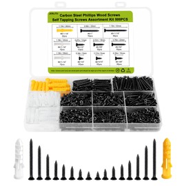 #4 Small Screws Set, Wood Screws Assortment Kit, 500pcs Tiny Phillips Flat Head Self-Tapping Screws, Black Wood Screws, Cabinet Hinge Screws, Carbon Steel, Contains 50pcs M6 Screw Anchors