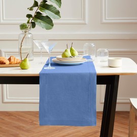 Solino Home Linen Table Runner 48 Inch - 100% Pure Linen Blue Table Runner 14 x 48 Inch Ideal for Dresser and Coffee Tables - Prewashed Sonoma Hemstitch Spring, Mothers Day, Easter Decorations