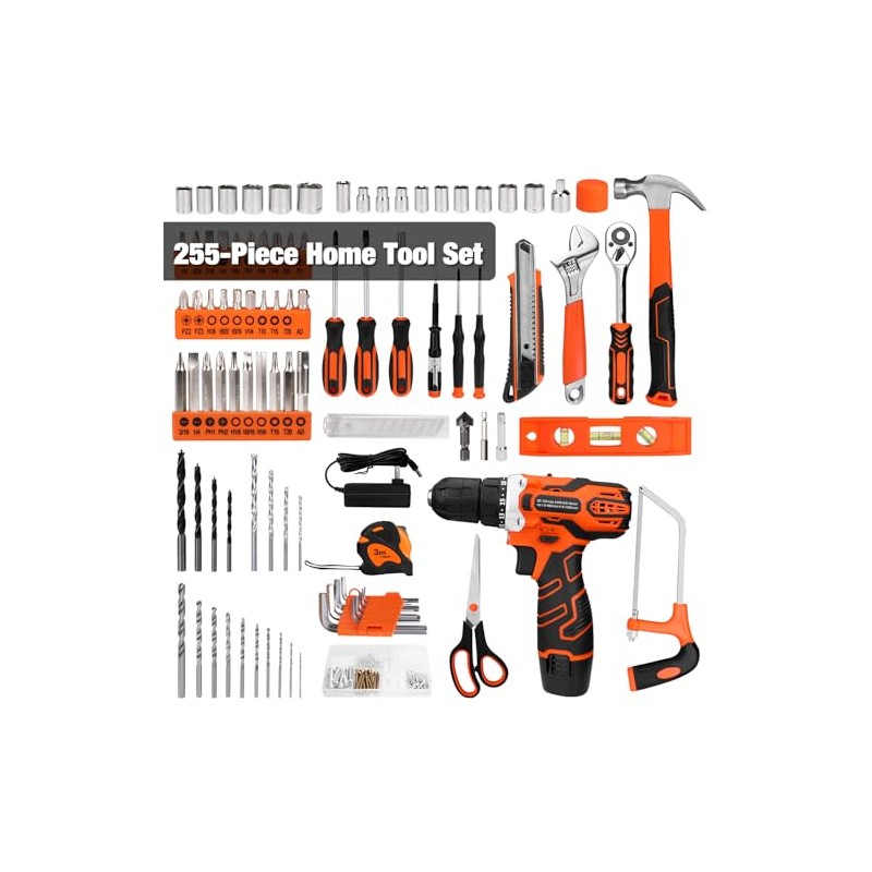 255-Piece Tool Set - Tool Kit with 12V Cordless Drill