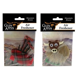 GLEN APPIN OF SCOTLAND Car Air Freshener Set - Cute, Adorable, and Fragrant | Felt Design with Textured Fur, Wiggle Eyes | Highland Cow & Bagpipe Design | Car Accessory and Gift for Her