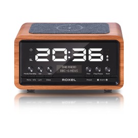 Roxel Nod Bedside Radio, DAB/DAB+ & FM Radio, Alarm Clock, Wireless Phone Charging, Large Digit Display, Dual Bedside Alarm Clock with Wireless Streaming (Walnut)