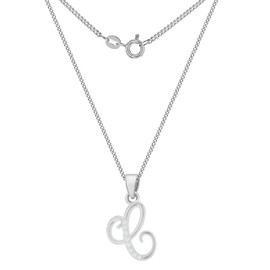 Tuscany Silver Women's Sterling Silver Rhodium Plated CZ 12mm x 19mm Script 'C' Initial Pendant on Sterling Silver Rhodium Plated Curb Chain 46cm/18"