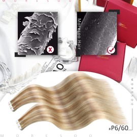 Moresoo Tape-In Hair Extensions, Real Hair, Blonde Streaked, Remy Hair, Medium Brown with Platinum Blonde P#6/60, Straight, 50 cm, 20 Pieces, 50 g