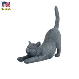 Elegant Gray Cat Stretching Figurine - Resin Sculpture, Realistic Fur for Home Office DecorColor: Dark Gray, Size: One Size
