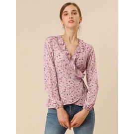 Allegra K Women's Floral V Neck Wrap Top Long Sleeve Tie Waist Ruffle Peplum Blouse Large Pink