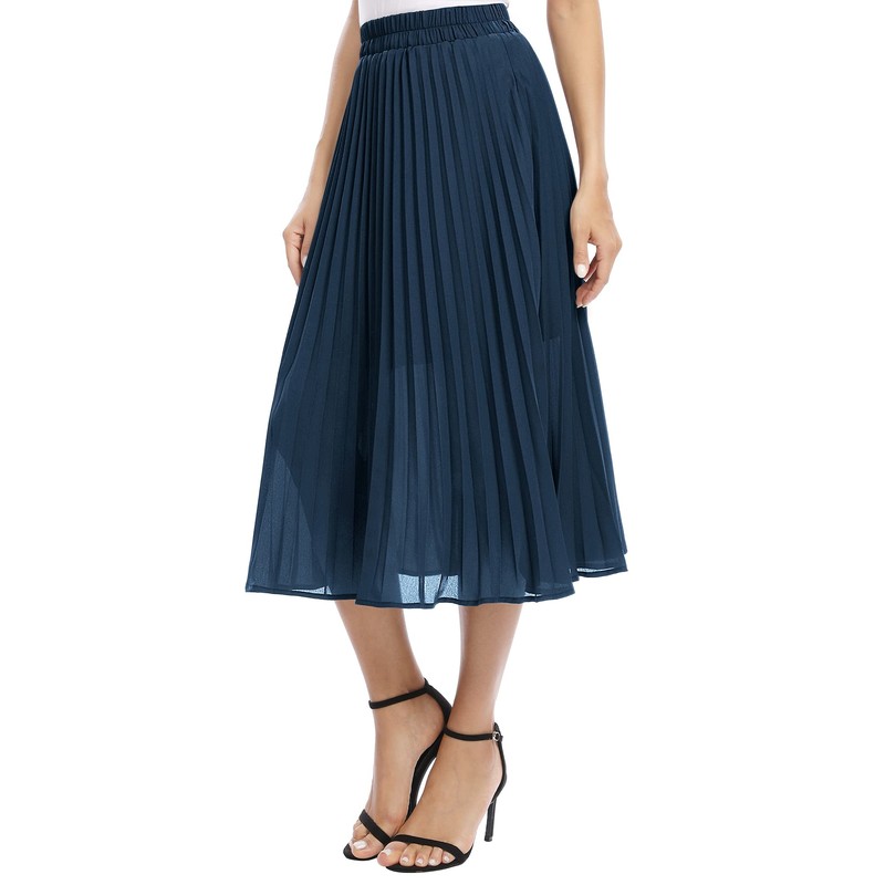 EXCHIC Women's Casual Chiffon Elastic Waist One Line Pleated Midi
