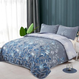 WONGS BEDDING Blue Quilt Set Queen Size,3 Pieces Navy Blue Floral Bedspread Coverlet Set,Soft Microfiber Lightweight Grayish Blue Gradient Floral Bedding Set Queen 96"x90"