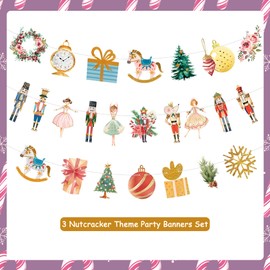 3Pcs Nutcracker Ballet Banners - DIY Christmas Party Decorations with Nutcracker Soldier, Ballerina, Rat, Christmas Tree,Bell & Drum Designs for Xmas Winter Holiday Parties,Ballet Theme Birthdays