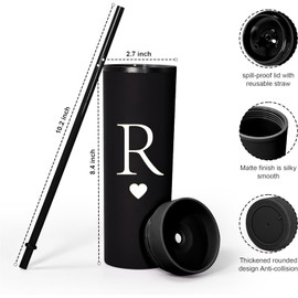 Forest Kiss Letter R Personalized Initial Gifts for Women Men 16oz Double Wall Food-grade Plastic Skinny Tumbler Monogrammed Matte Slim Cup Wedding Graduation Birthday Present (R)