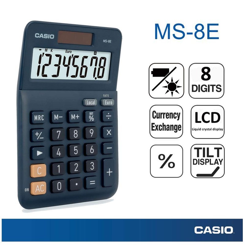 Casio Tischrechner MS-8E, 8-stellig, Währungsumrechnung, Gummifüße, Schnellkorrekturtaste, Solar-/Batteriebetrieb, silber