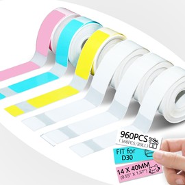 960 Pcs Colorful D30 Label Tape, D30 Label Maker Tape, Smart Mini Label Maker Refill D30, Thermal Printer Paper, Self-Adhesive Sticker Replacement,14x40mm,160 Labels/Roll, 6 Rolls