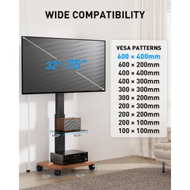 Xyndyx Heavy Duty 32 to 75 Inch Mobile Rolling TV Floor Stand Holds up to 132 lbs, TV Cart with Glass Shelf, Height Adjustable Portable TV Stand with Locking Wheels, Max VESA 600x400mm, Black