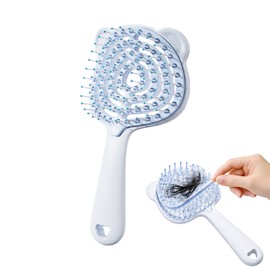 Bear-Shaped Self Cleaning Hair Brush, Curved Vented Design, Blue