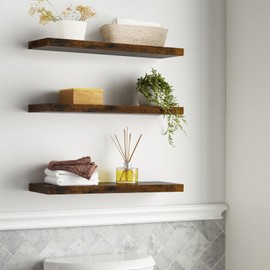 BAYKA Floating Shelves for Wall – Bathroom Shelves Rustic Wood with Metal Brackets for Bathroom, Bedroom, Kitchen, or Living Room Decor – Rustic Brown, Set of 3, Sturdy Storage with 22lb Capacity