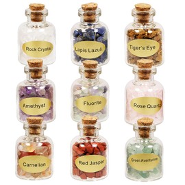 mookaitedecor 9pcs Mini Glass Wishing Bottles Tumbled Gemstone Crystal Chips Healing Reiki Stones Set