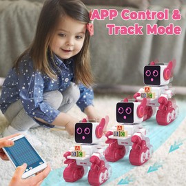 okk Robot Toys for Kids, Remote & APP Control Robot, Programmable Interactive Toys with Coin Bank, Smart Educational Robot with LED and Tray, Singing Dancing Robot Gift for Boys Girls（Pink）