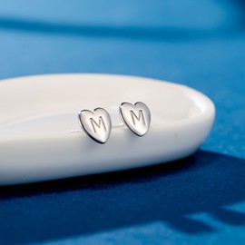 EVER FAITH Heart Letter M Stud Earrings for Girls, 925 Sterling Silver Dainty Tiny Alphabet Initial Earrings for Women Children Teenagers Girls Sensitive Ears, Sterling Silver, No Gemstone