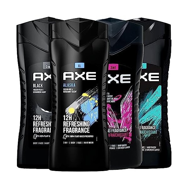 Axe Body Wash Variety Set, Set of 4 Scents, Includes Axe Black, Axe Sport, Axe Apollo and Alaska Body Wash, 3 in 1 Body and Face Wash, 8.4 Ounces Each, in a Box
