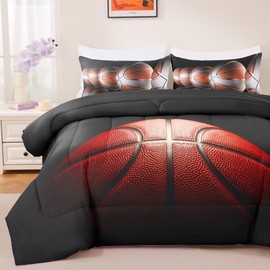 GRAT TIOC Teens Boys Sports Comforter Set Twin,Basketball Bedding Set for Kids,Sports Orange Basketball Comforter Sets,Black Teenage Boy Bedroom Bed Set 3 Pieces with Pillowcases
