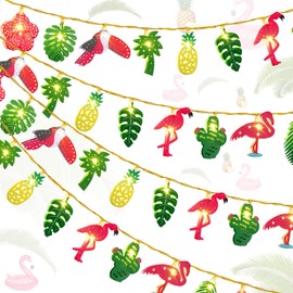 Rossesay 2 Pcs 9.84 ft 20 LED Hawaiian Tropical Beach String Lights Palm Leaf Flamingo Pineapple Patio String Lights Battery Operated for Hawaiian Party Decorations for Camp Wedding Holiday Garden