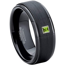 Brushed Black Tungsten Carbide Mens Wedding Band with 0.05ctw - 0.10ctw Princess Cut Peridot Birthstone Tungsten Ring - Stepped Edge Comfort Fit Tungsten Anniversary Ring - RG Bezel