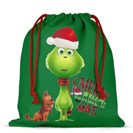 Green 24 * 26cm Cotton Drawstring Gift Bag with The Gri-nch Pattern，Topeedy 1pcs Funny Cotton Drawstring Bag for Christmas Birthday Party，Small Bizarre Present bag-dog