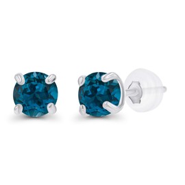 Genuine 10K Solid White Gold 3mm Round Natural London Blue Topaz December Birthstone Stud Earrings For Women
