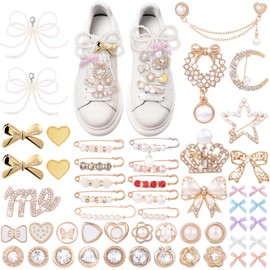JOICEE 54 Pcs Shoe Charms Kit for Sneakers, Gold Brooches Pins Pearl Bow Lace Shoes Charms Jewelry Accessories Bulk for Sneakers Socks Clothes Hats Bags Decor