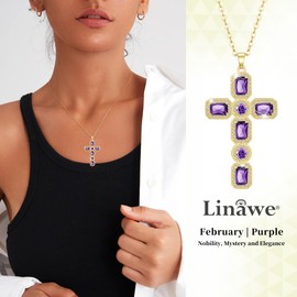 Linawe Amethyst Purple Necklace Cross Charm Necklace for Women Trendy, Gold Chain Pendant Necklace, Catholic Religious Gifts, Crystal Imitation Diamond Birthstone Cubic Zirconia Jewellery
